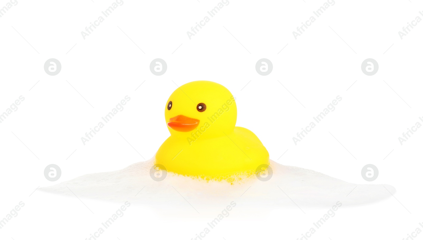 One cute rubber duck and foam isolated on white Photo of One cute rubber duck and foam isolated on white