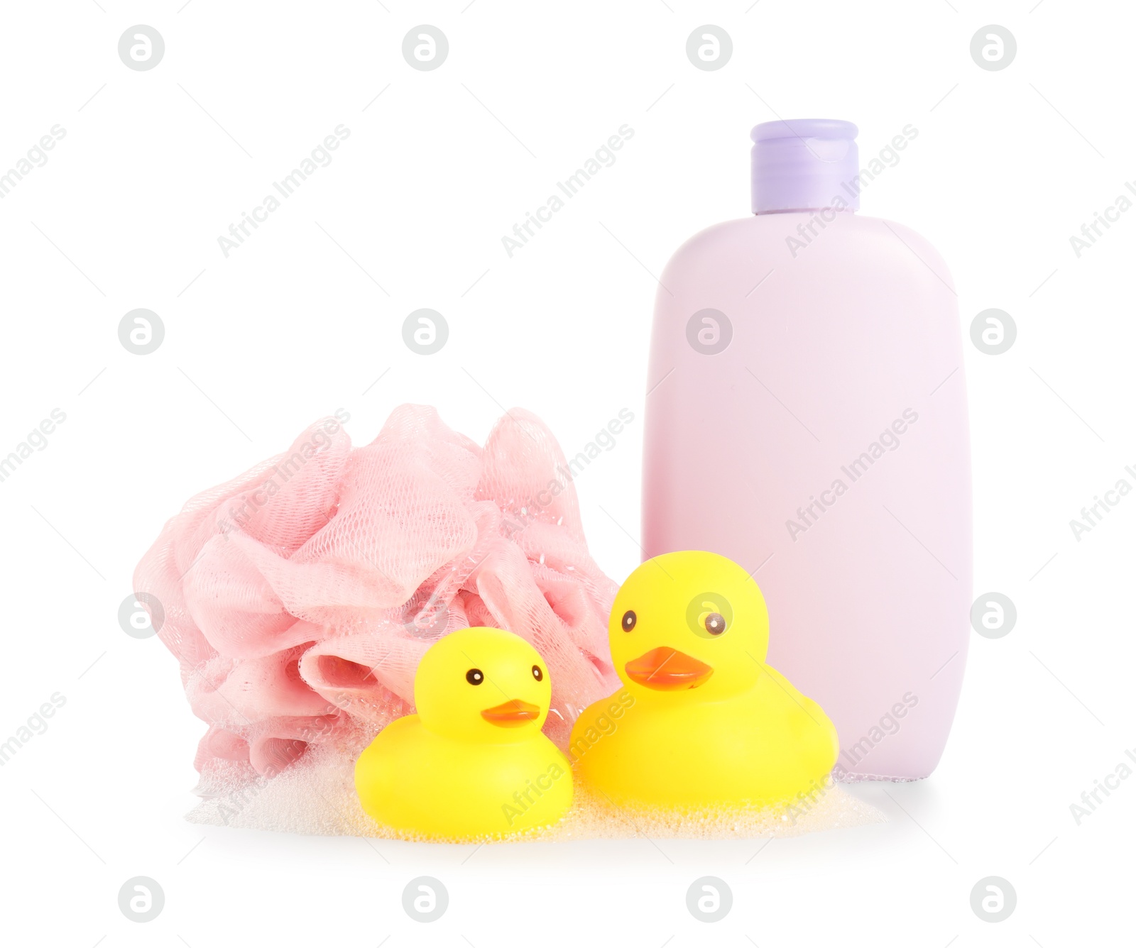 Cute rubber ducks, bottle of bath product, shower puff and foam isolated on white Photo of Cute rubber ducks, bottle of bath product, shower puff and foam isolated on white