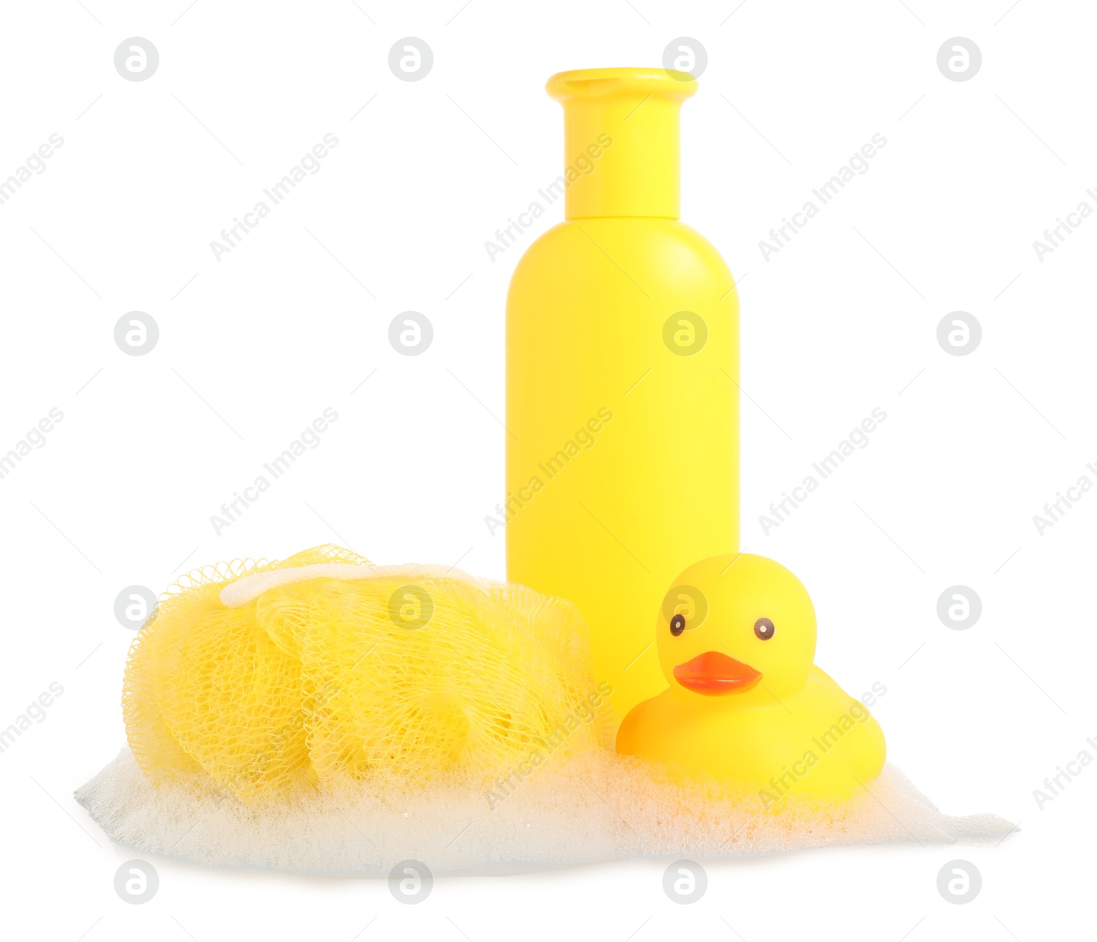Cute rubber duck, bottle of bath product, shower puff and foam isolated on white Photo of Cute rubber duck, bottle of bath product, shower puff and foam isolated on white