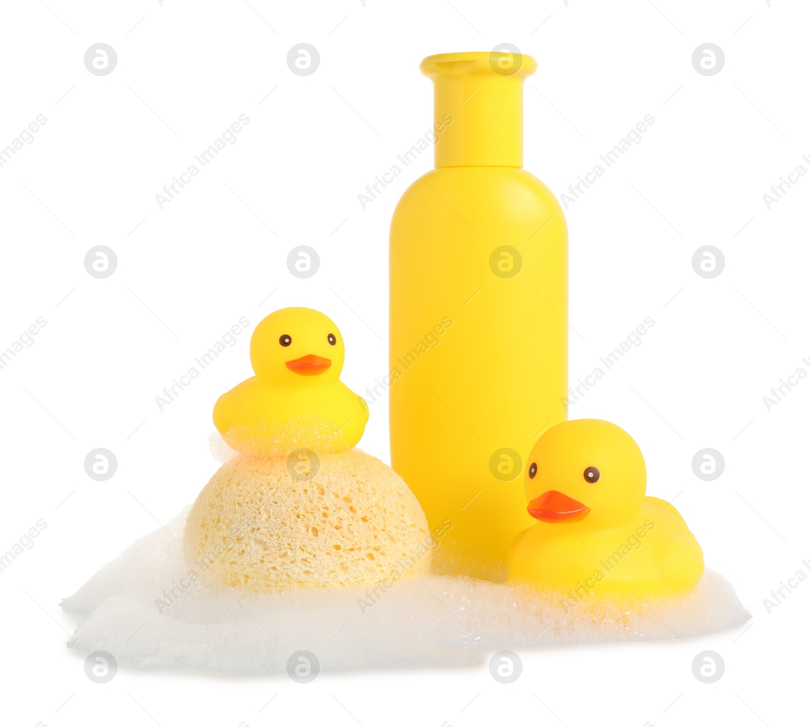 Cute rubber ducks, bottle of bath product, sponge and foam isolated on white Photo of Cute rubber ducks, bottle of bath product, sponge and foam isolated on white