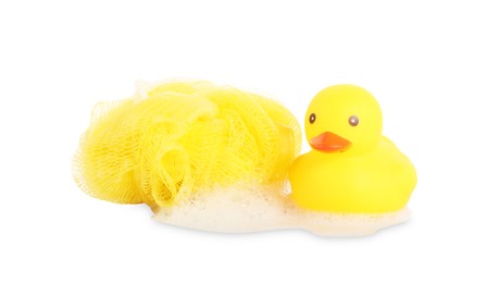 Photo of Cute rubber duck, shower puff and foam isolated on white