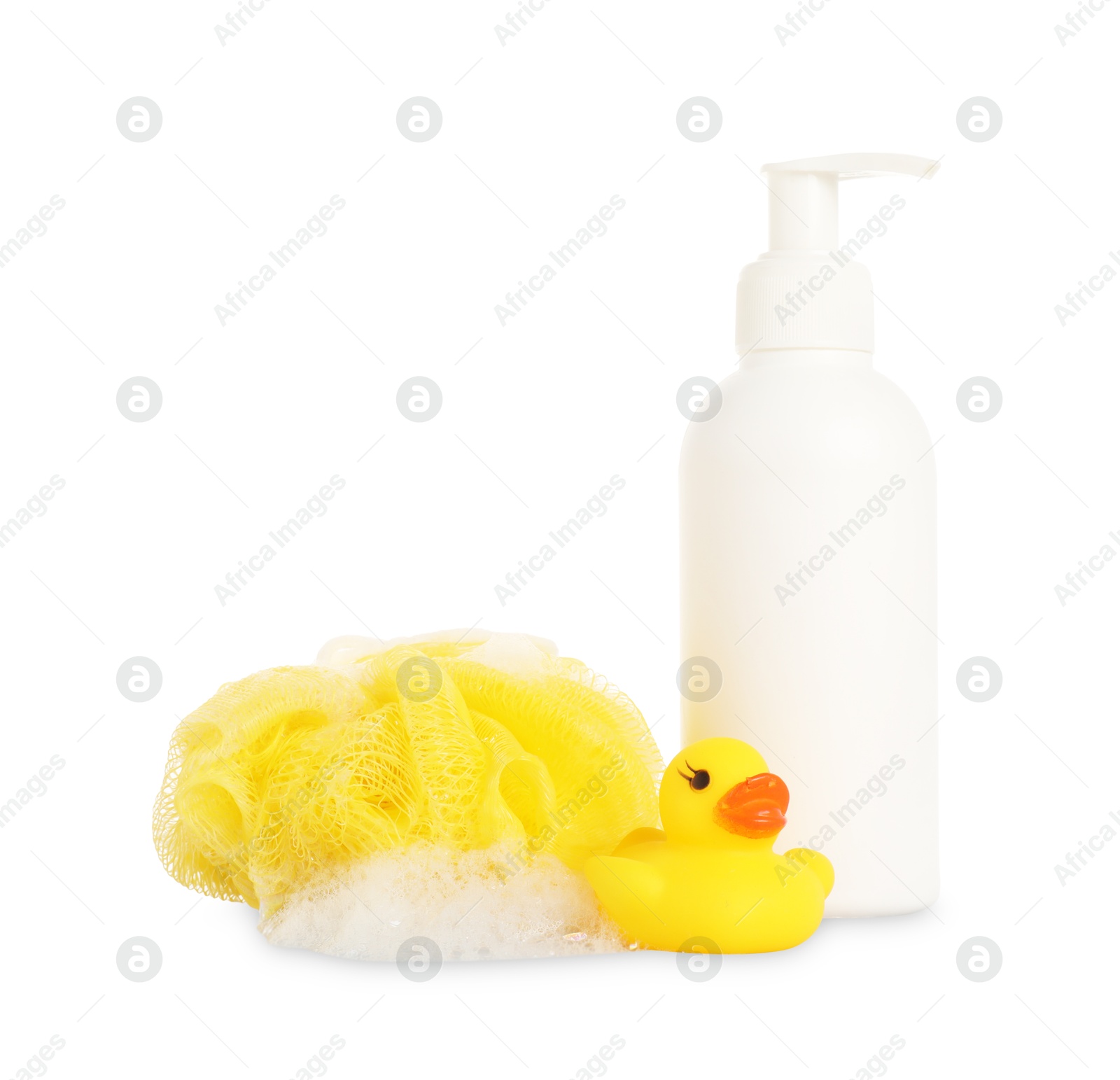 Cute rubber duck, bottle of bath product, shower puff and foam isolated on white Photo of Cute rubber duck, bottle of bath product, shower puff and foam isolated on white