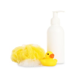 Photo of Cute rubber duck, bottle of bath product, shower puff and foam isolated on white