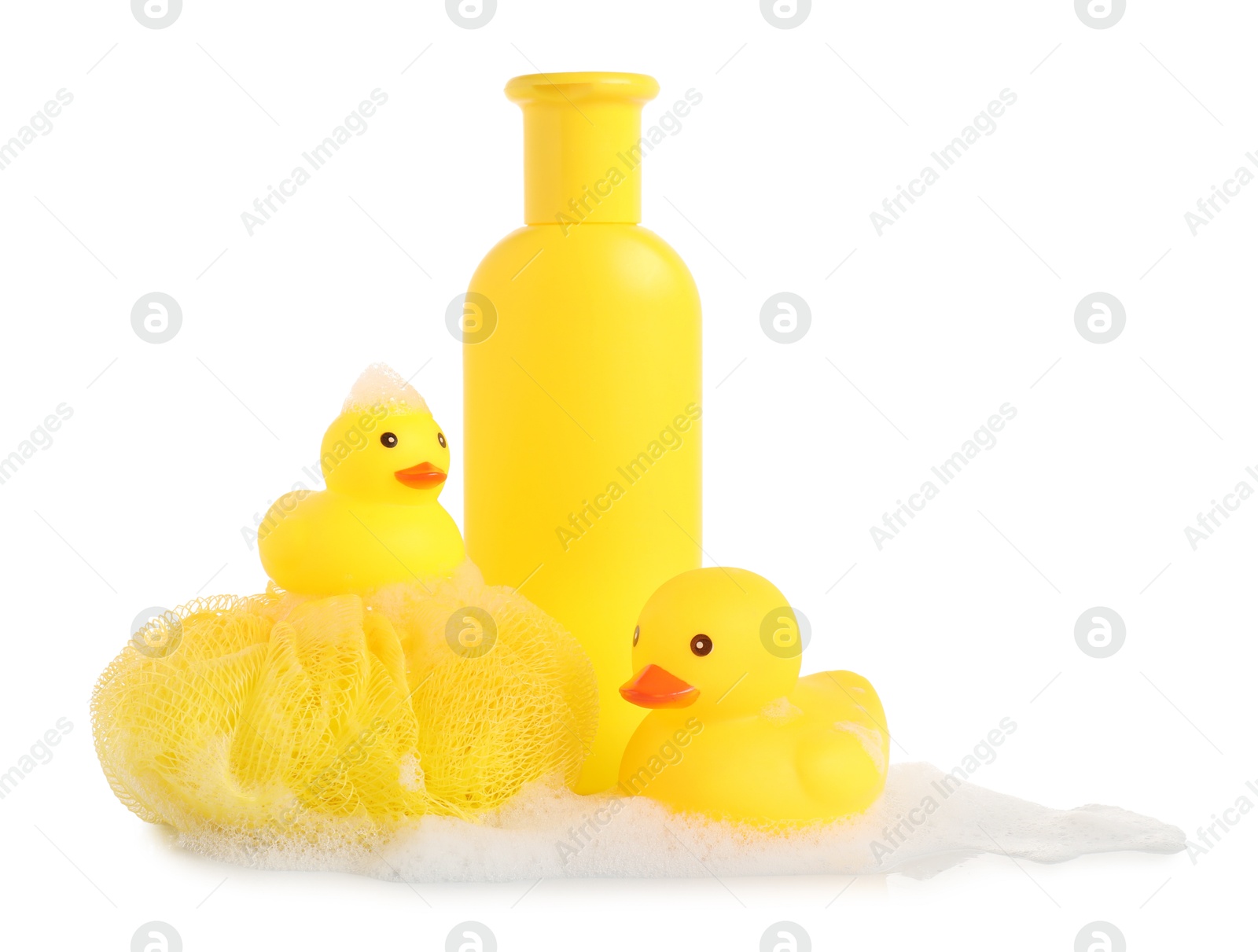 Cute rubber ducks, bottle of bath product, shower puff and foam isolated on white Photo of Cute rubber ducks, bottle of bath product, shower puff and foam isolated on white
