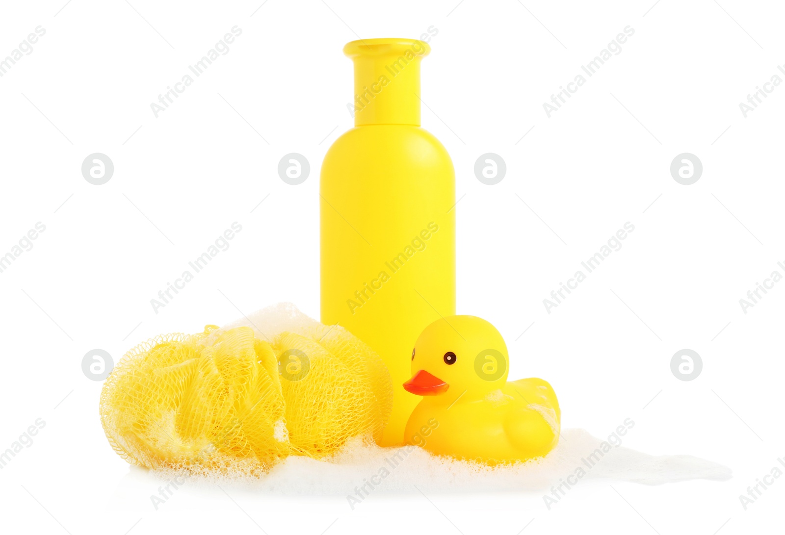 Cute rubber duck, bottle of bath product, shower puff and foam isolated on white Photo of Cute rubber duck, bottle of bath product, shower puff and foam isolated on white