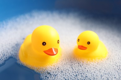 Photo of Cute rubber ducks floating in water with bubbles, closeup