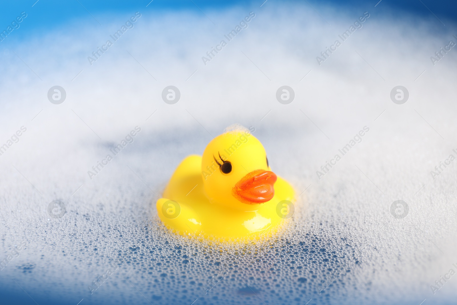 Cute rubber duck floating in water with bubbles, closeup Photo of Cute rubber duck floating in water with bubbles, closeup