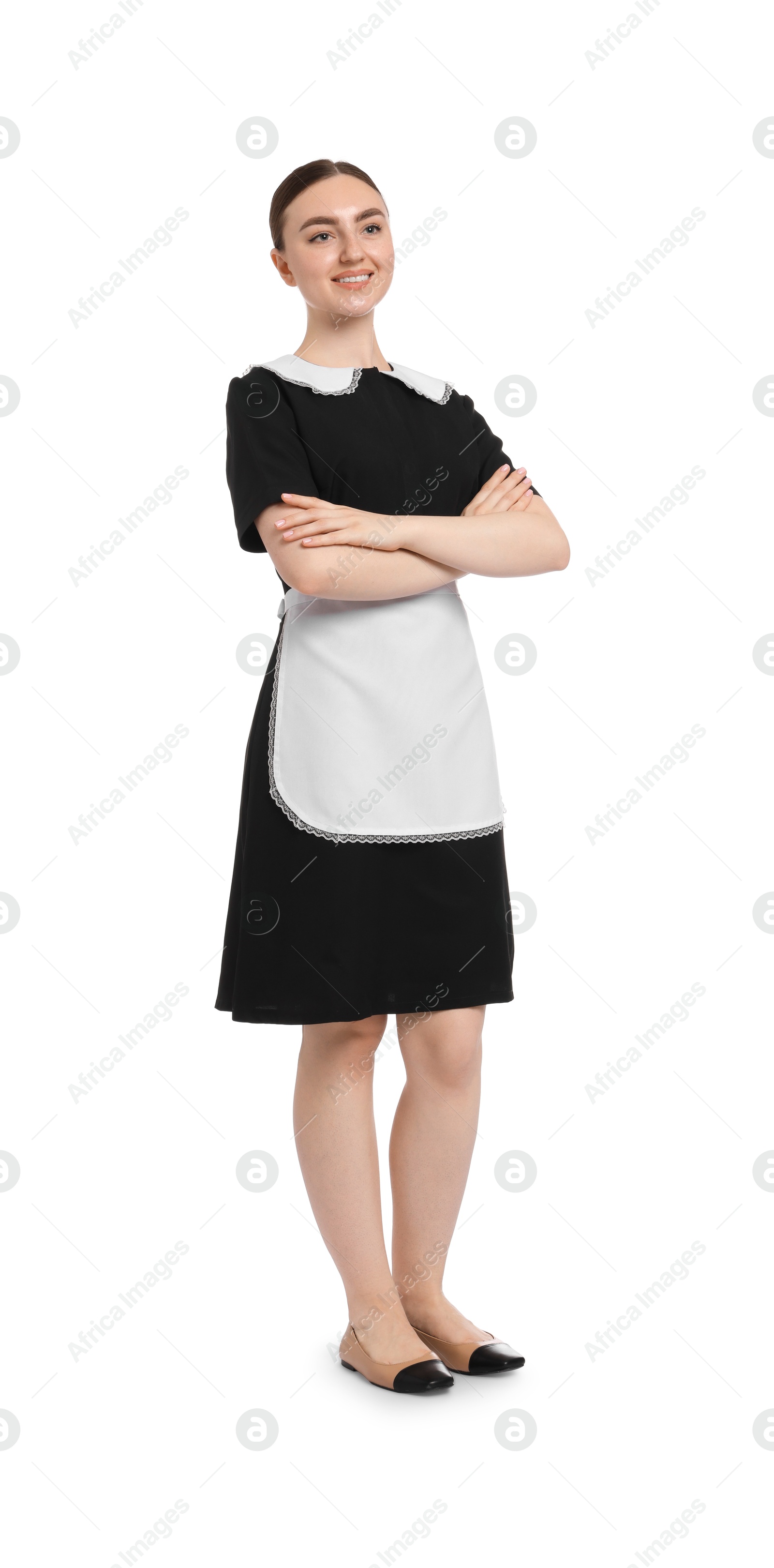 Full-length portrait of happy chambermaid on white background Photo of Full-length portrait of happy chambermaid on white background