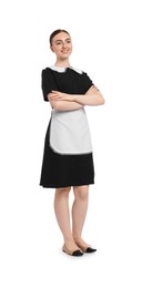 Photo of Full-length portrait of happy chambermaid on white background