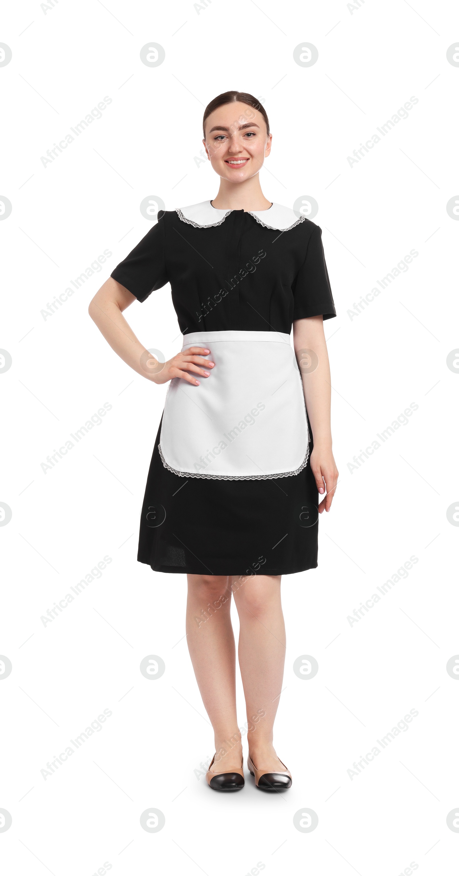 Full-length portrait of happy chambermaid on white background Photo of Full-length portrait of happy chambermaid on white background