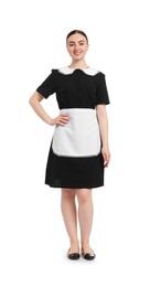 Photo of Full-length portrait of happy chambermaid on white background