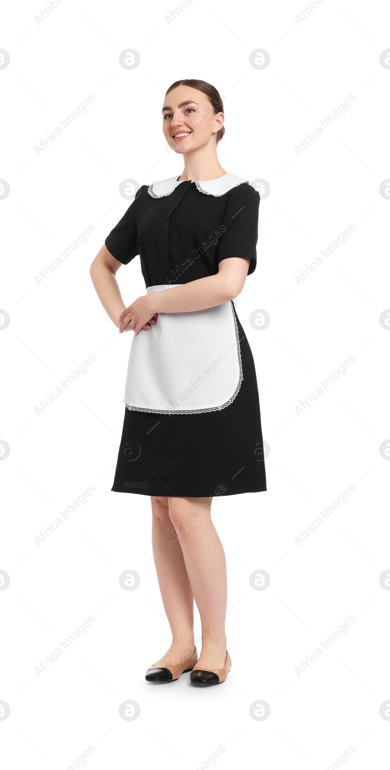 Full-length portrait of happy chambermaid on white background Photo of Full-length portrait of happy chambermaid on white background