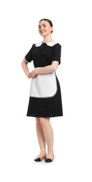 Photo of Full-length portrait of happy chambermaid on white background