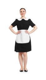 Photo of Full-length portrait of happy chambermaid on white background