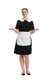 Photo of Full-length portrait of happy chambermaid on white background