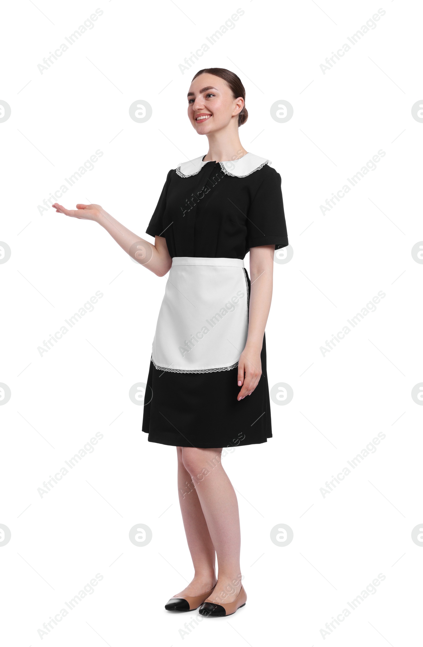 Full-length portrait of happy chambermaid on white background Photo of Full-length portrait of happy chambermaid on white background
