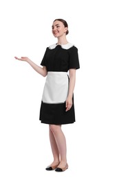 Photo of Full-length portrait of happy chambermaid on white background