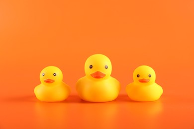 Photo of Three cute rubber ducks on orange background