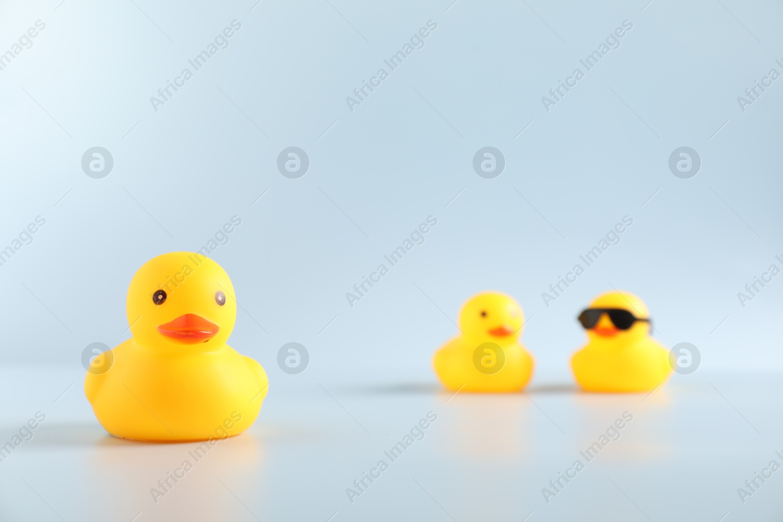 Three cute rubber ducks on white background Photo of Three cute rubber ducks on white background