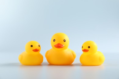 Photo of Three cute rubber ducks on white background