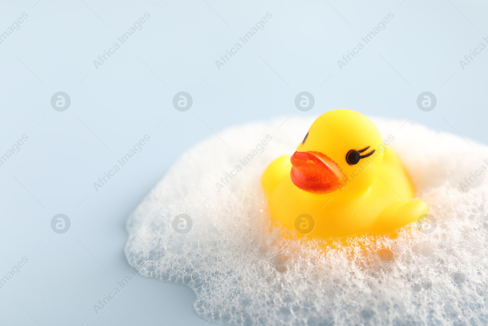 Cute rubber duck and foam on white background, closeup. Space for text Photo of Cute rubber duck and foam on white background, closeup. Space for text