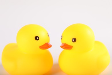Photo of Two cute rubber ducks on white background, closeup