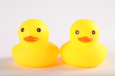 Photo of Two cute rubber ducks on white background, closeup