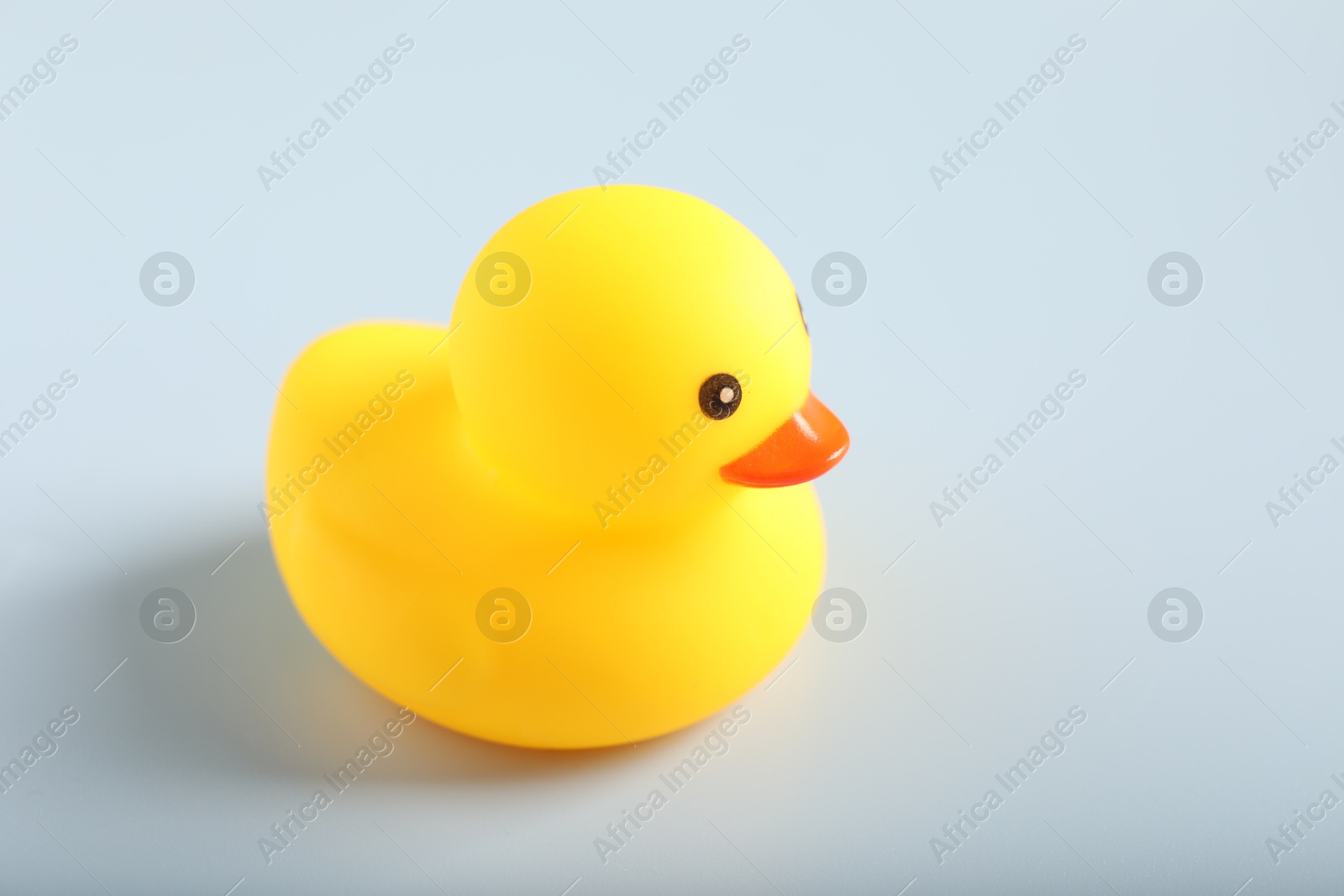 One cute rubber duck on white background, closeup. Space for text Photo of One cute rubber duck on white background, closeup. Space for text