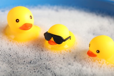 Photo of Cute rubber ducks floating in water with foam, closeup