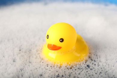 Photo of Cute rubber duck floating in water with foam, closeup