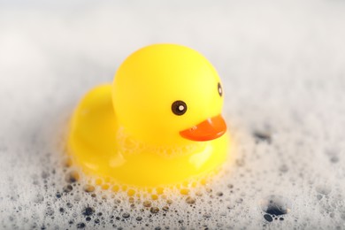 Photo of Cute rubber duck floating in water with foam, closeup