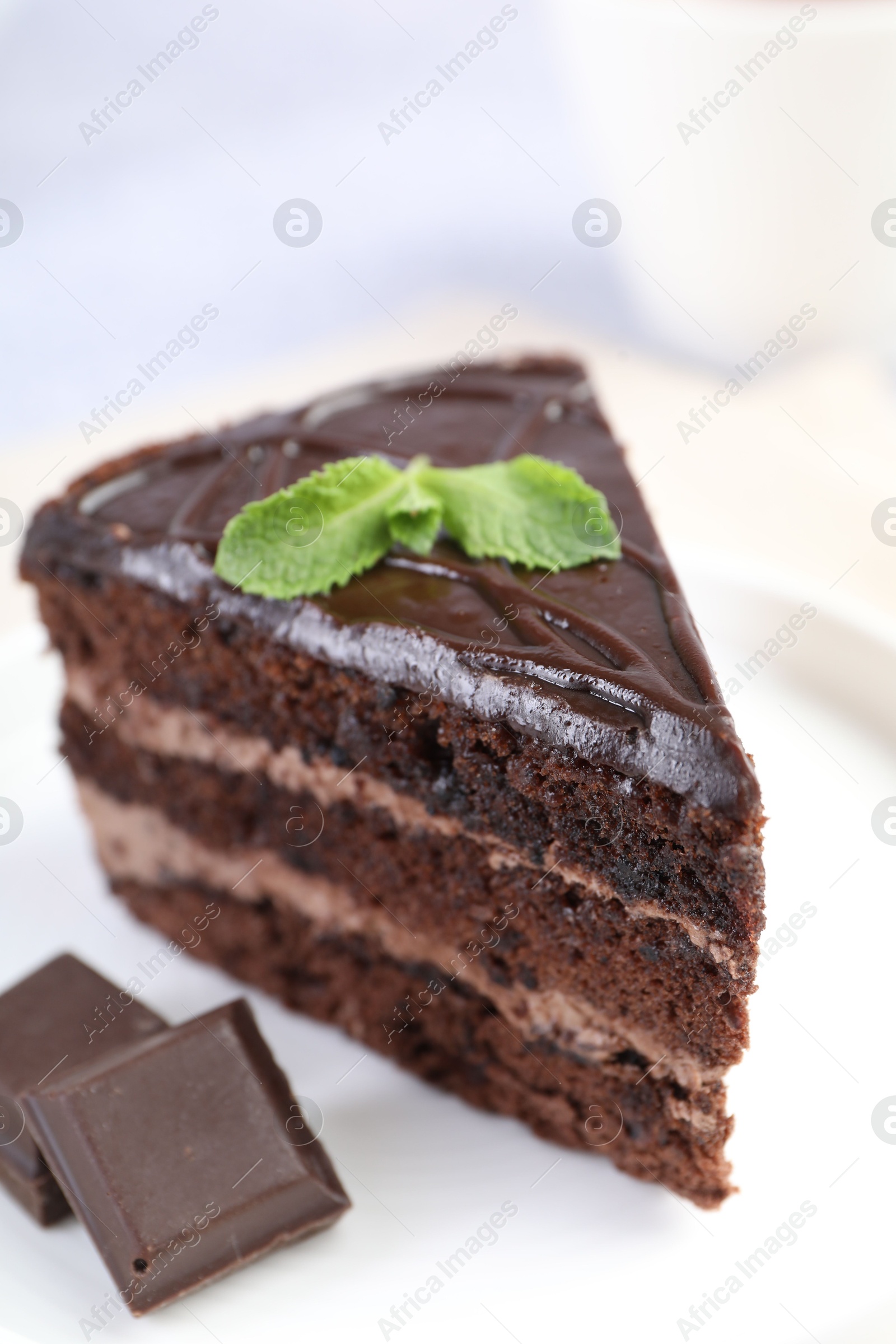 Photo of Piece of delicious cake, mint and chocolate on light table, closeup