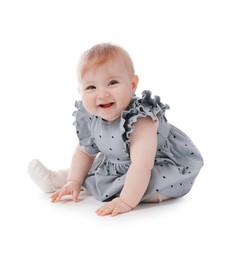 Photo of Cute little baby sitting on white background