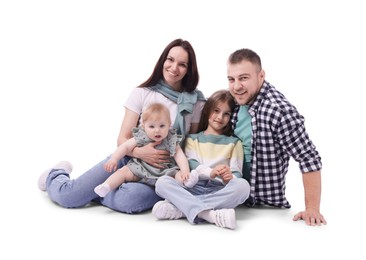 Photo of Happy parents and their kids on white background