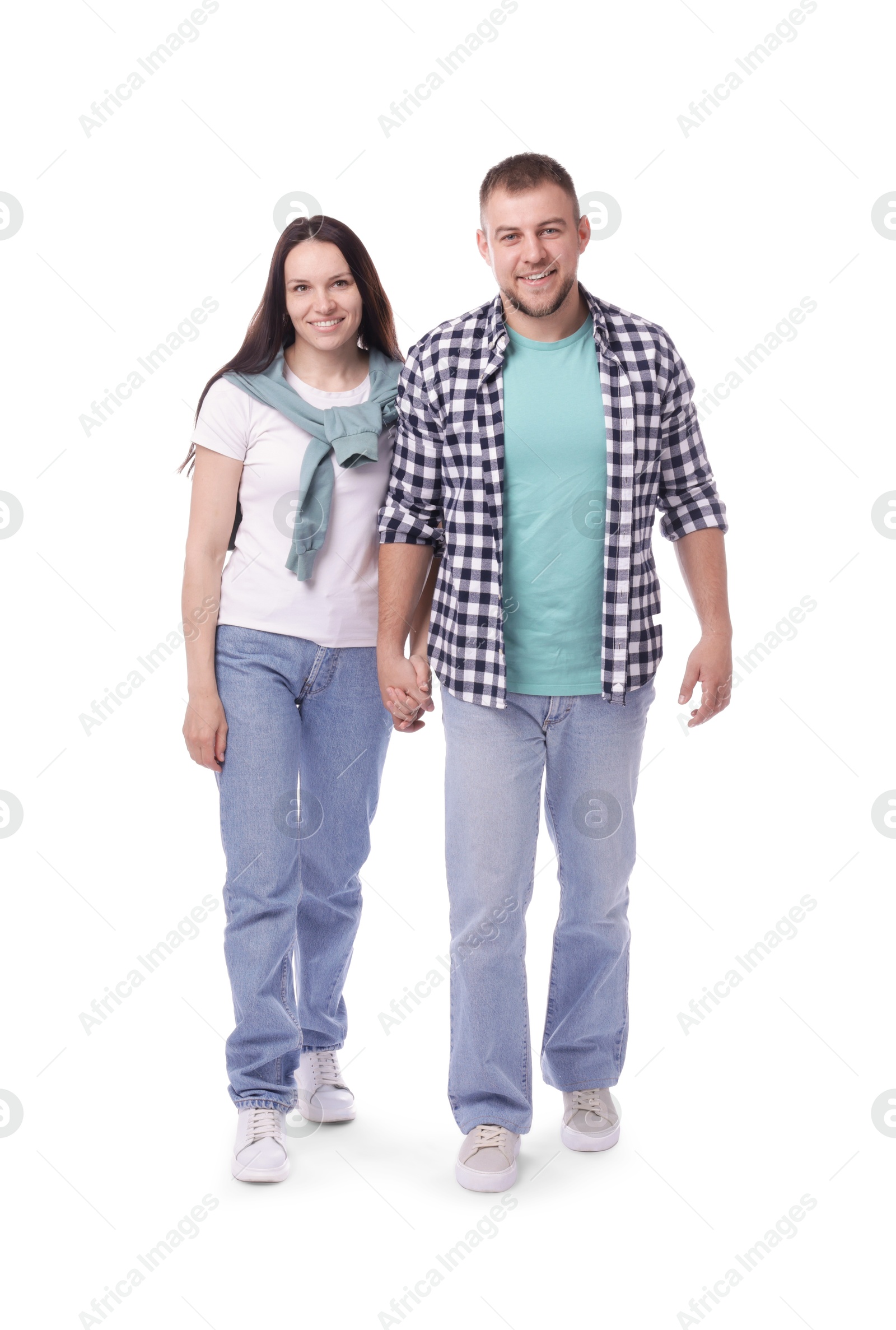 Portrait of happy couple on white background Photo of Portrait of happy couple on white background