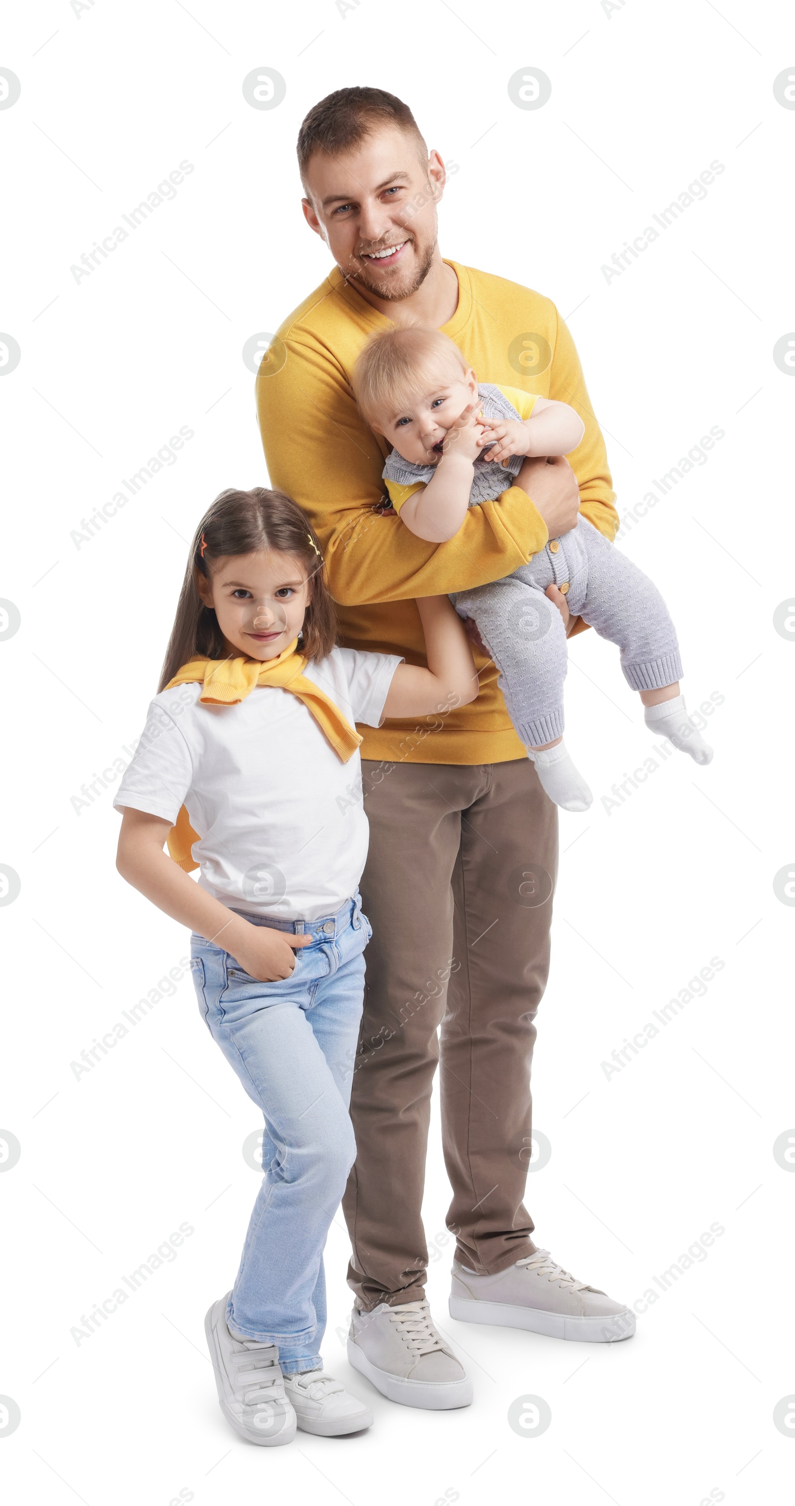 Happy father and his kids on white background Photo of Happy father and his kids on white background
