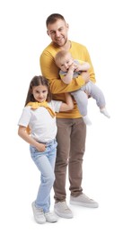 Photo of Happy father and his kids on white background