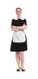 Photo of Full-length portrait of happy chambermaid on white background