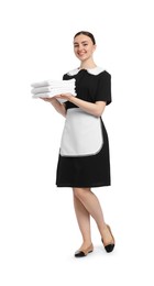 Photo of Chambermaid with stack of clean towels on white background