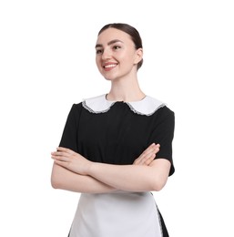 Photo of Portrait of happy chambermaid on white background