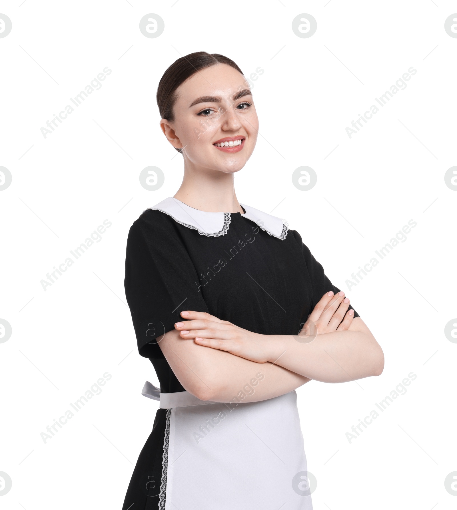 Portrait of happy chambermaid on white background Photo of Portrait of happy chambermaid on white background