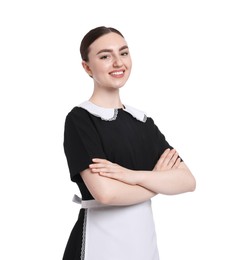Photo of Portrait of happy chambermaid on white background