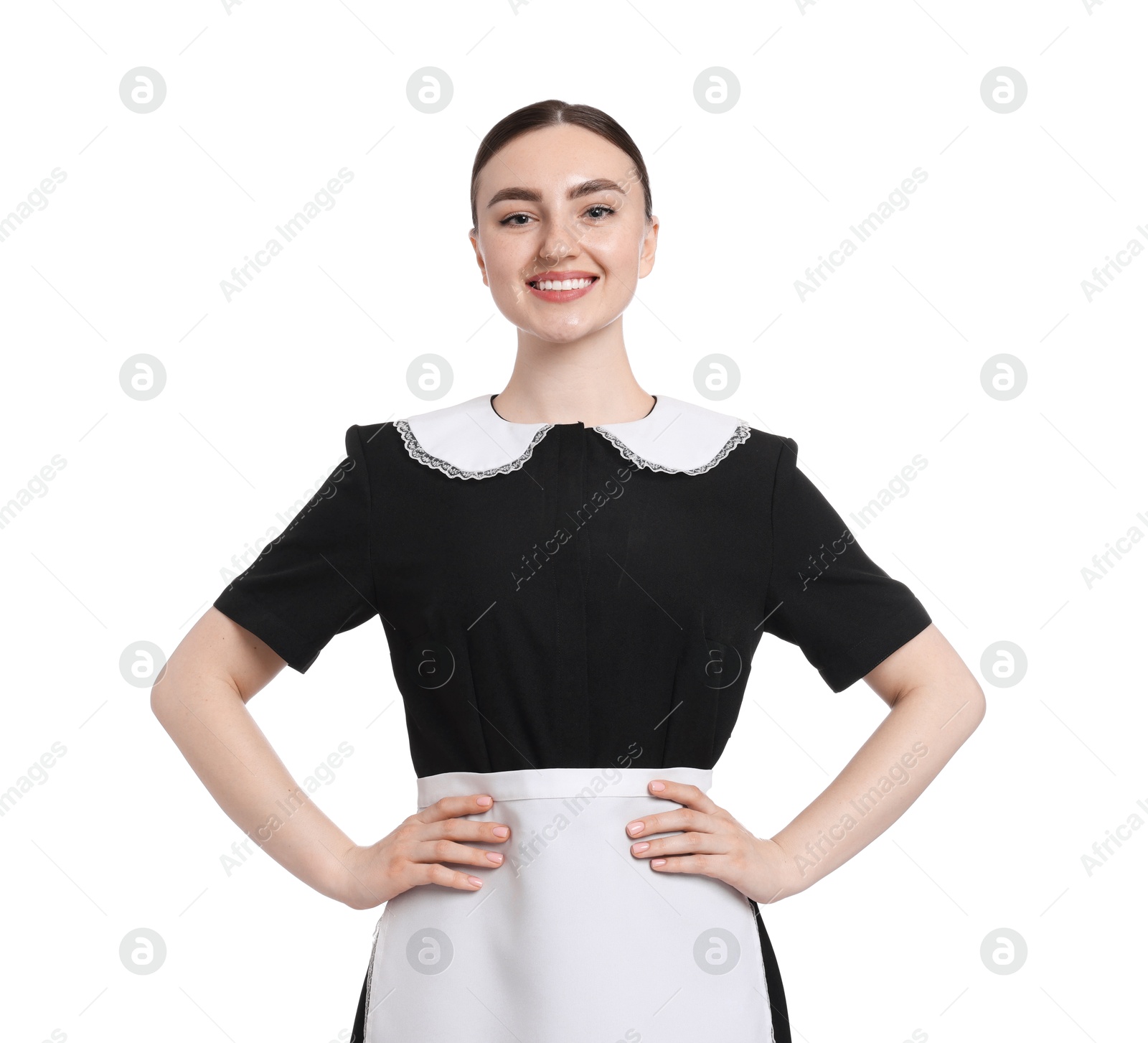 Portrait of happy chambermaid on white background Photo of Portrait of happy chambermaid on white background