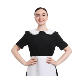 Photo of Portrait of happy chambermaid on white background