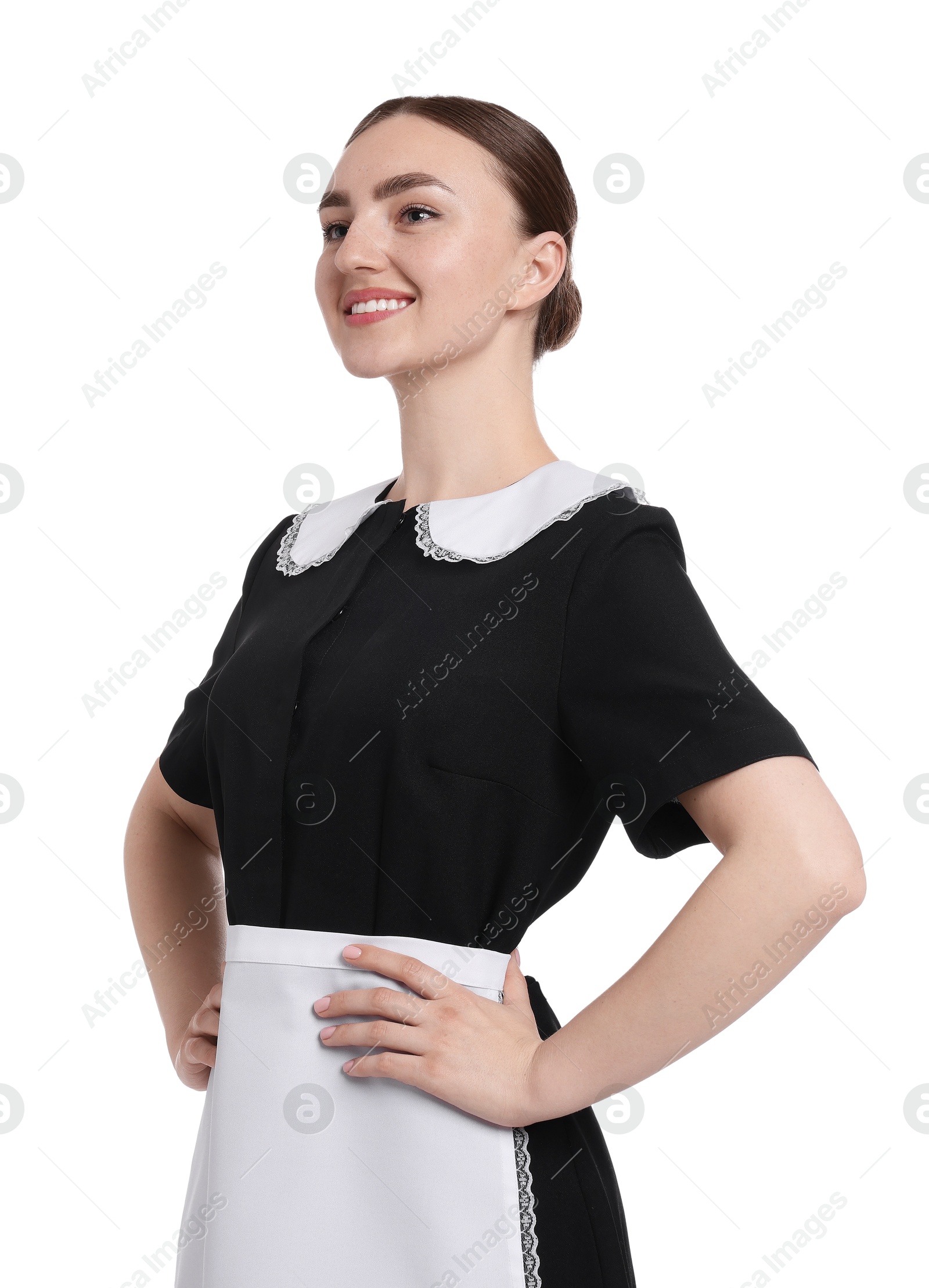 Portrait of happy chambermaid on white background Photo of Portrait of happy chambermaid on white background