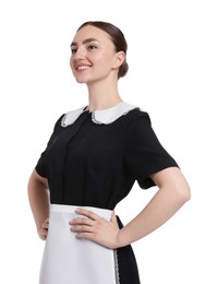 Photo of Portrait of happy chambermaid on white background
