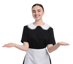 Photo of Portrait of happy chambermaid on white background