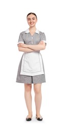 Photo of Full-length portrait of happy chambermaid on white background