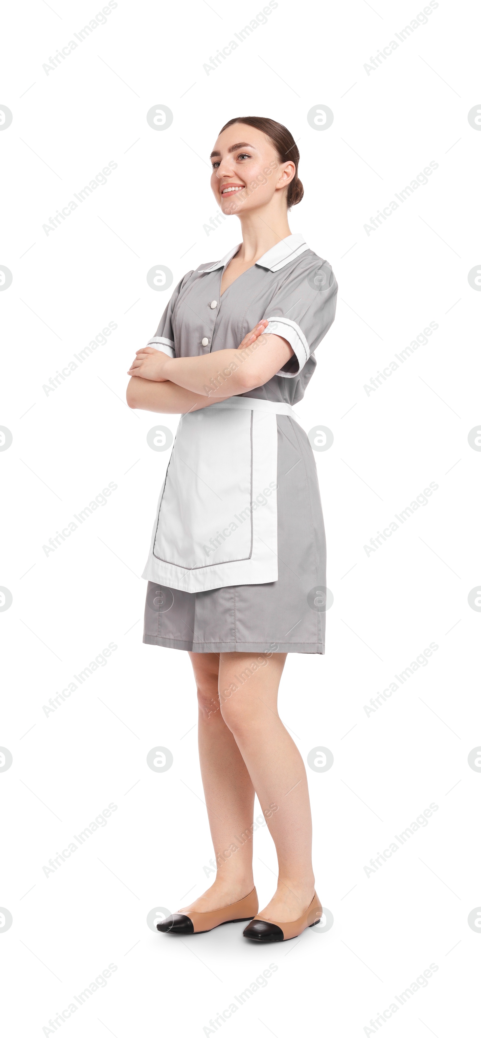 Full-length portrait of happy chambermaid on white background Photo of Full-length portrait of happy chambermaid on white background