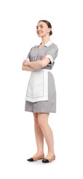Photo of Full-length portrait of happy chambermaid on white background
